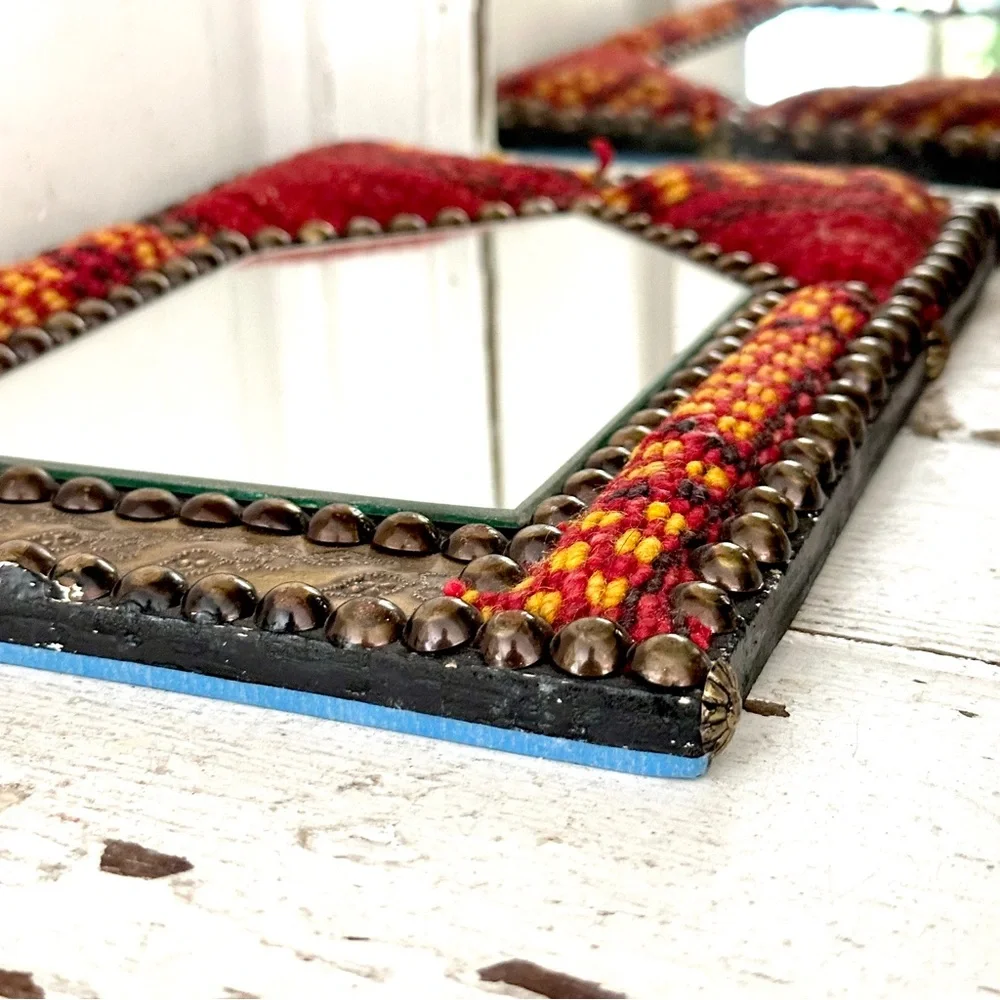 Egyptian Kilim Rug Mirror Studs Vibrant Colors With Carved Metal Red And Gold
